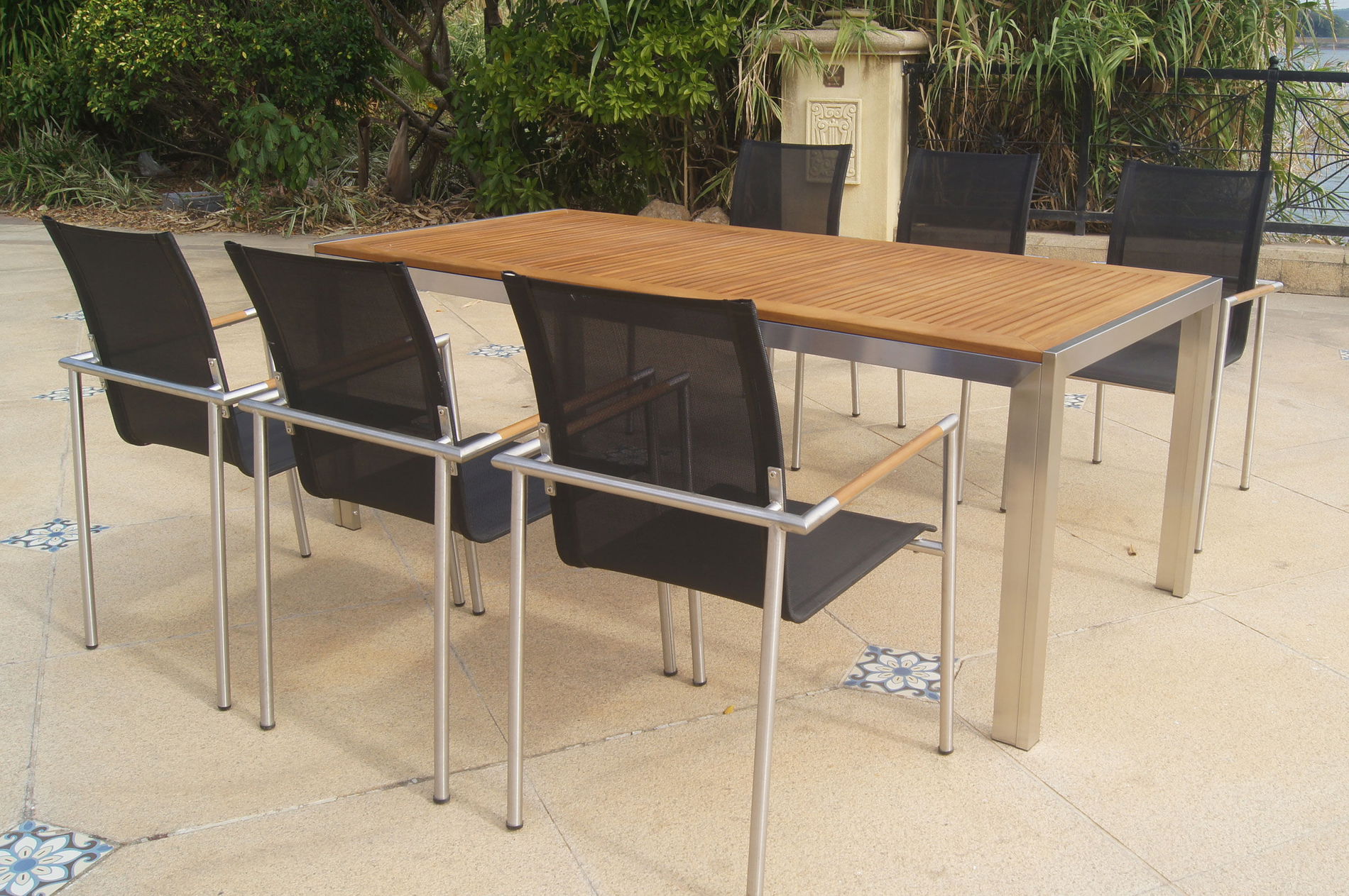 OUTFLEXX Groupe repas de jardin, naturel/anthracite, Acier inoxydable/Textilène/Teck, Table 200x90cm, 6 fauteuils de salle à manger 24079__1