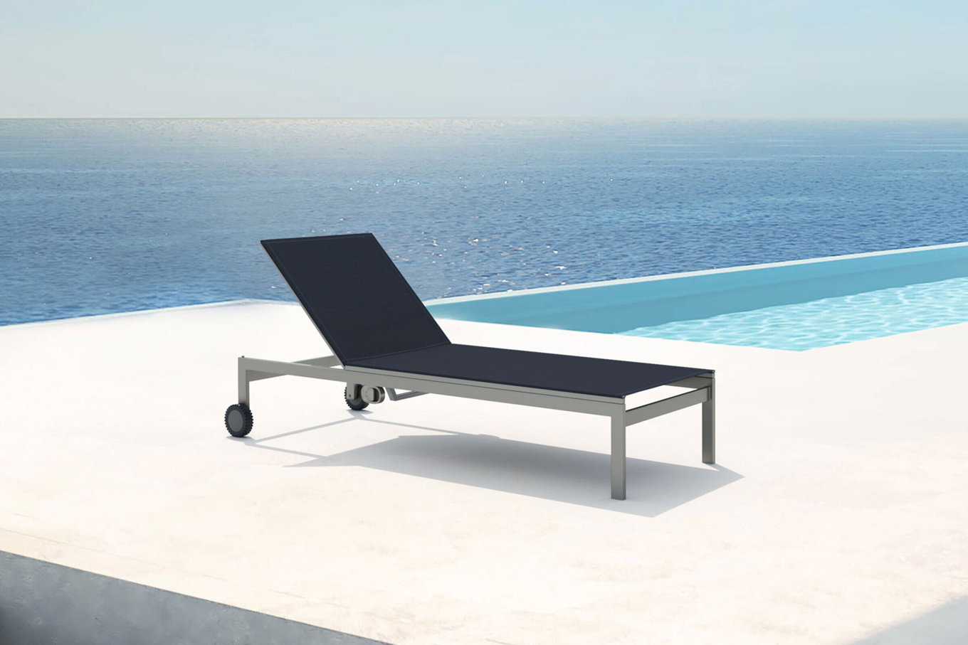 OUTFLEXX Bain de soleil à roulettes, noir, acier inoxydable/textilène, dossier réglable, 212x71x36cm 7100_1__1