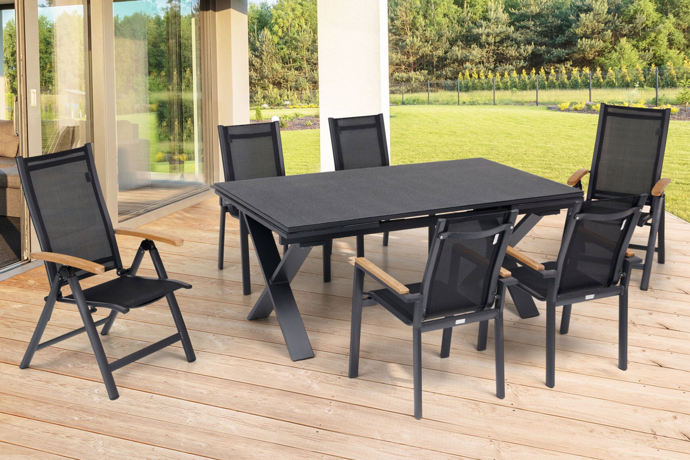 OUTFLEXX Salon de jardin, OUTFLEXX® anthracite mat, Alu / Spraystone / Teck, Table 180/280 x 100 cm, 4 fauteuils empilables, 2 chaises pliantes 22130__1