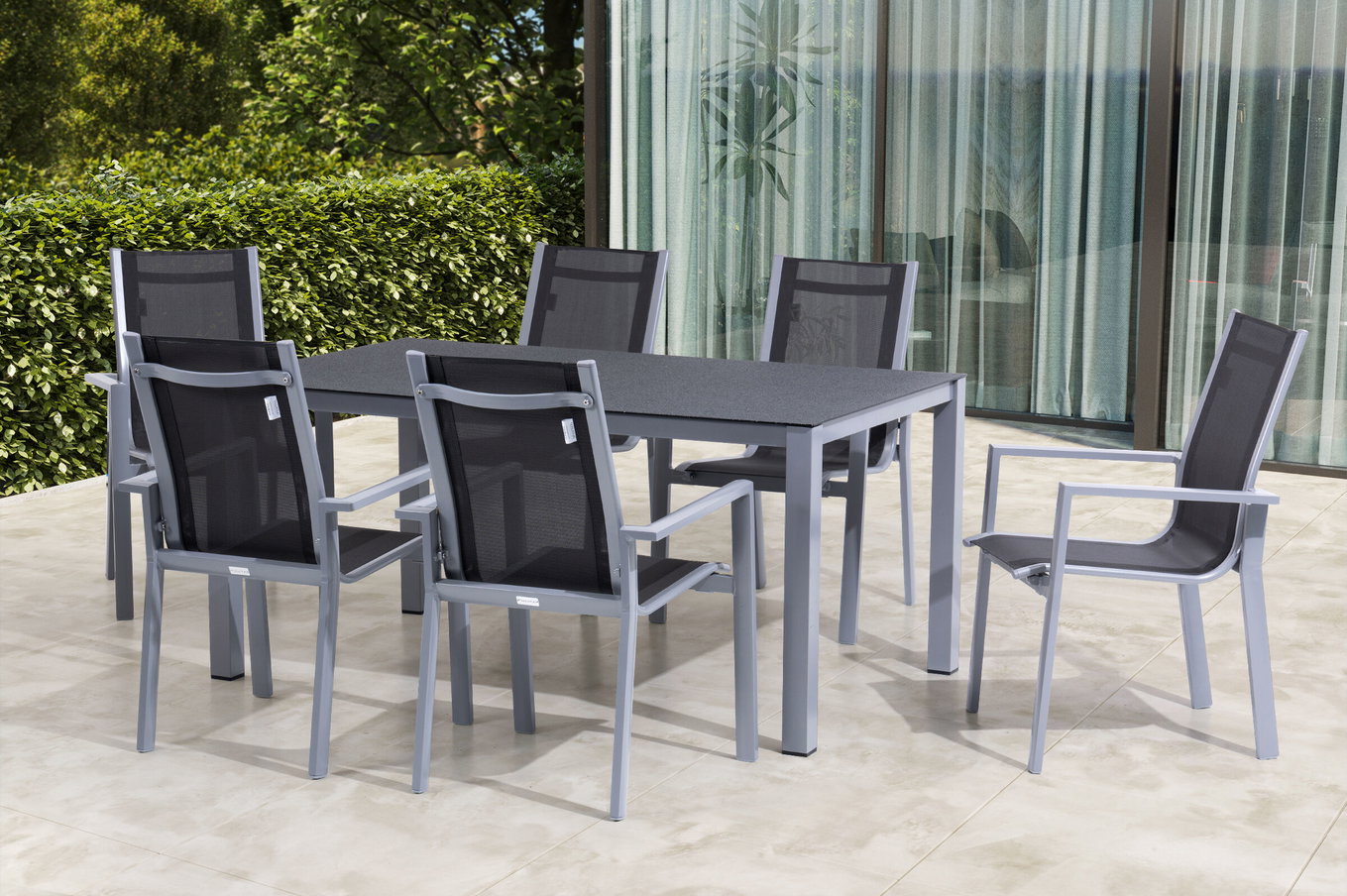 OUTFLEXX Groupe de repas de jardin, argent/anthracite, Alu/Spraystone/Textilène, 160x95 cm, 6 fauteuils empilables 28173__1