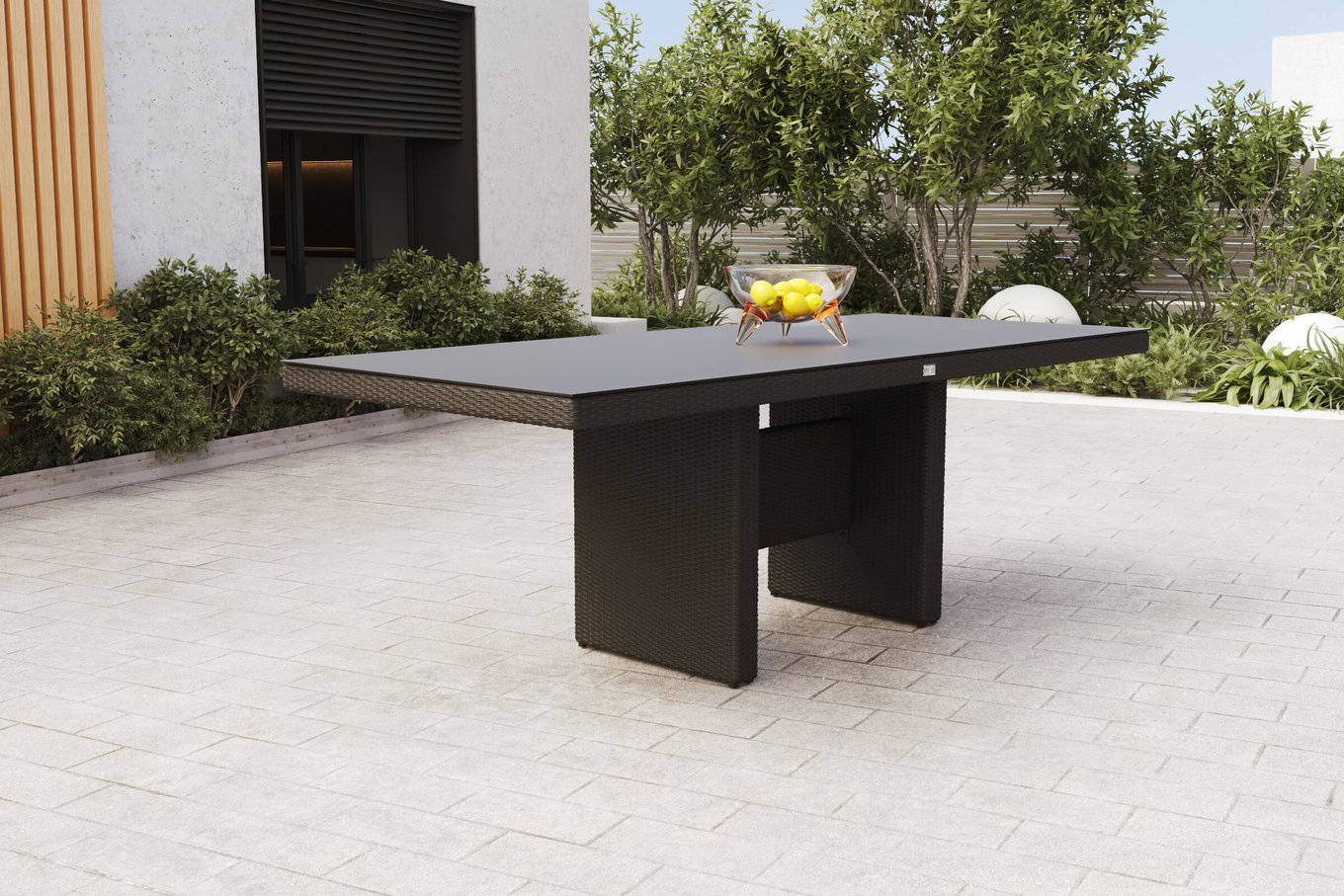 OUTFLEXX Rocking Table à manger, gris/brun chiné, résine tressée, 220 x 100 cm, Plateau en verre aspect pierre 18204__1