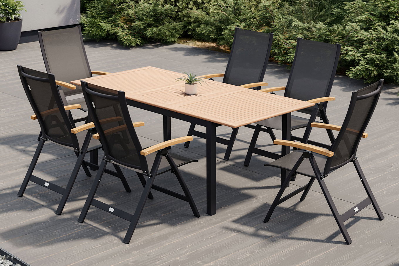 OUTFLEXX Ensemble repas de jardin, OUTFLEXX® anthracite mat, Alu / Teck / Textile, Table 150/210x90cm, 6 Chaises pliantes 22167__1