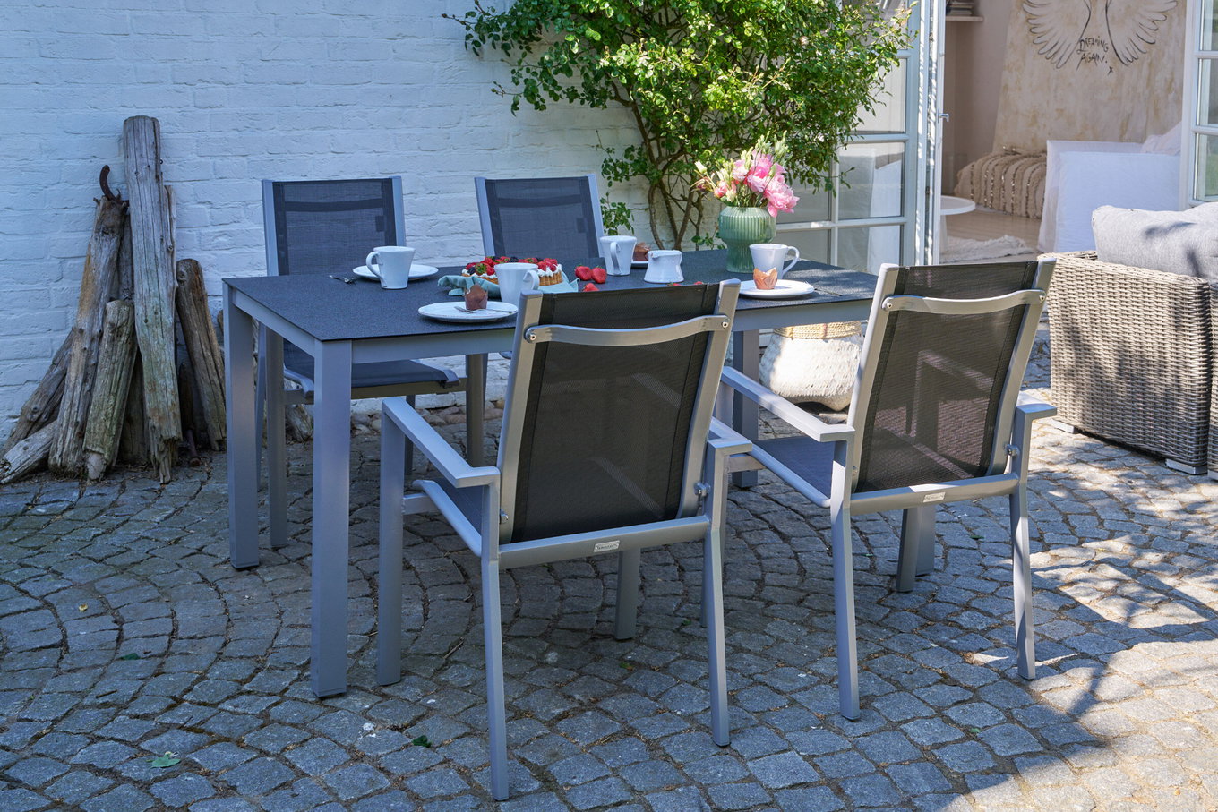 OUTFLEXX Groupe de repas de jardin, argent/anthracite, Alu/Spraystone/Textilène, 160x95 cm, 4 fauteuils empilables 28172__1