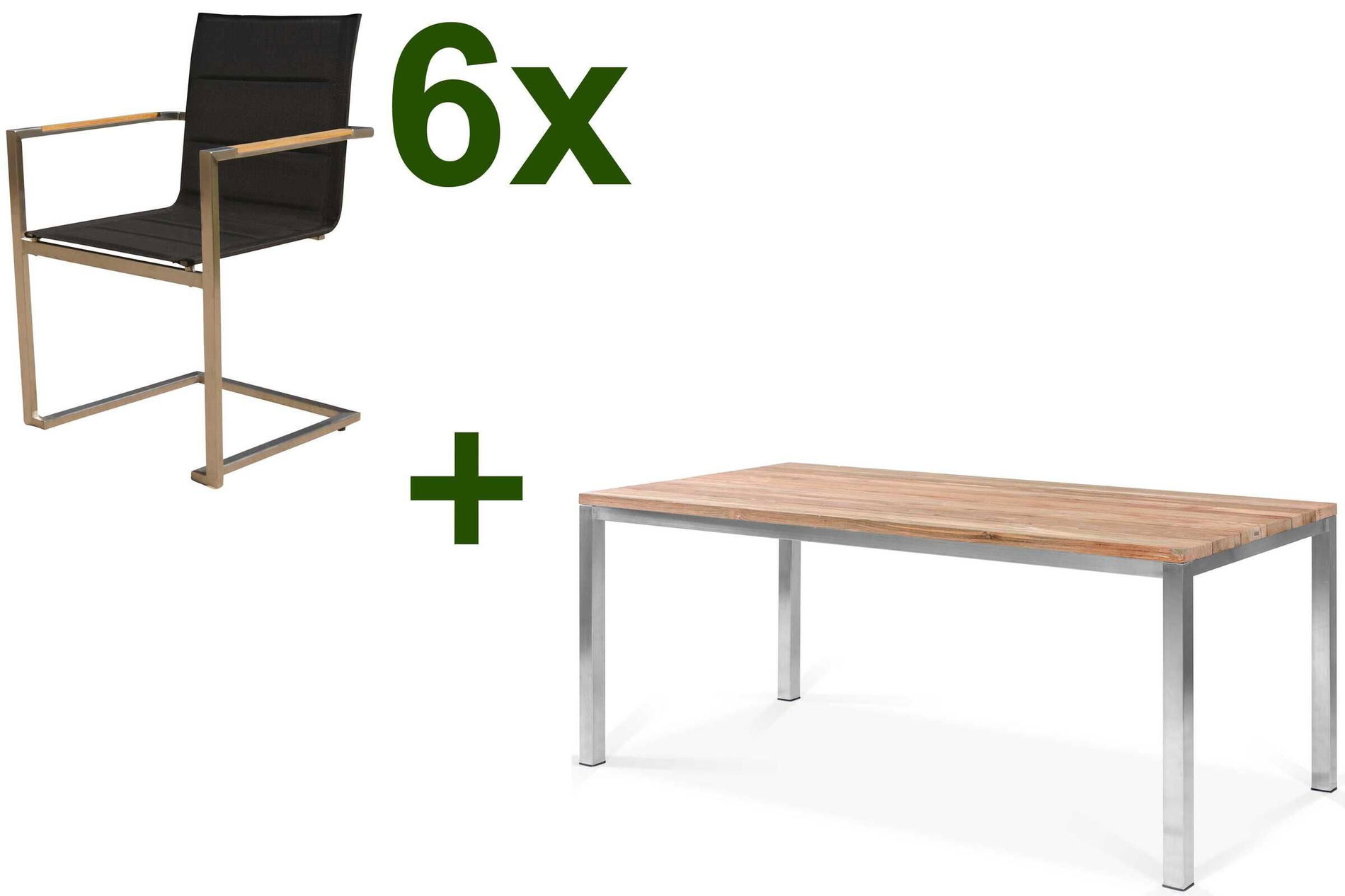 OUTFLEXX Ensemble repas de jardin, acier inoxydable/teck recyclé, table 180 x 90 cm, 6 chaises cantilever padded, noir, produit certifié FSC® 17285__1