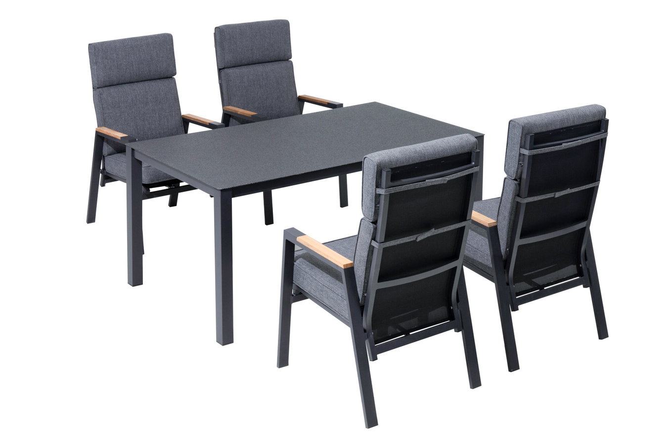 OUTFLEXX Salon à manger de jardin, anthracite mat, Alu/Spraystone/Polyester, 160x95 cm, 4 fauteuils, coussins inclus 28197__1