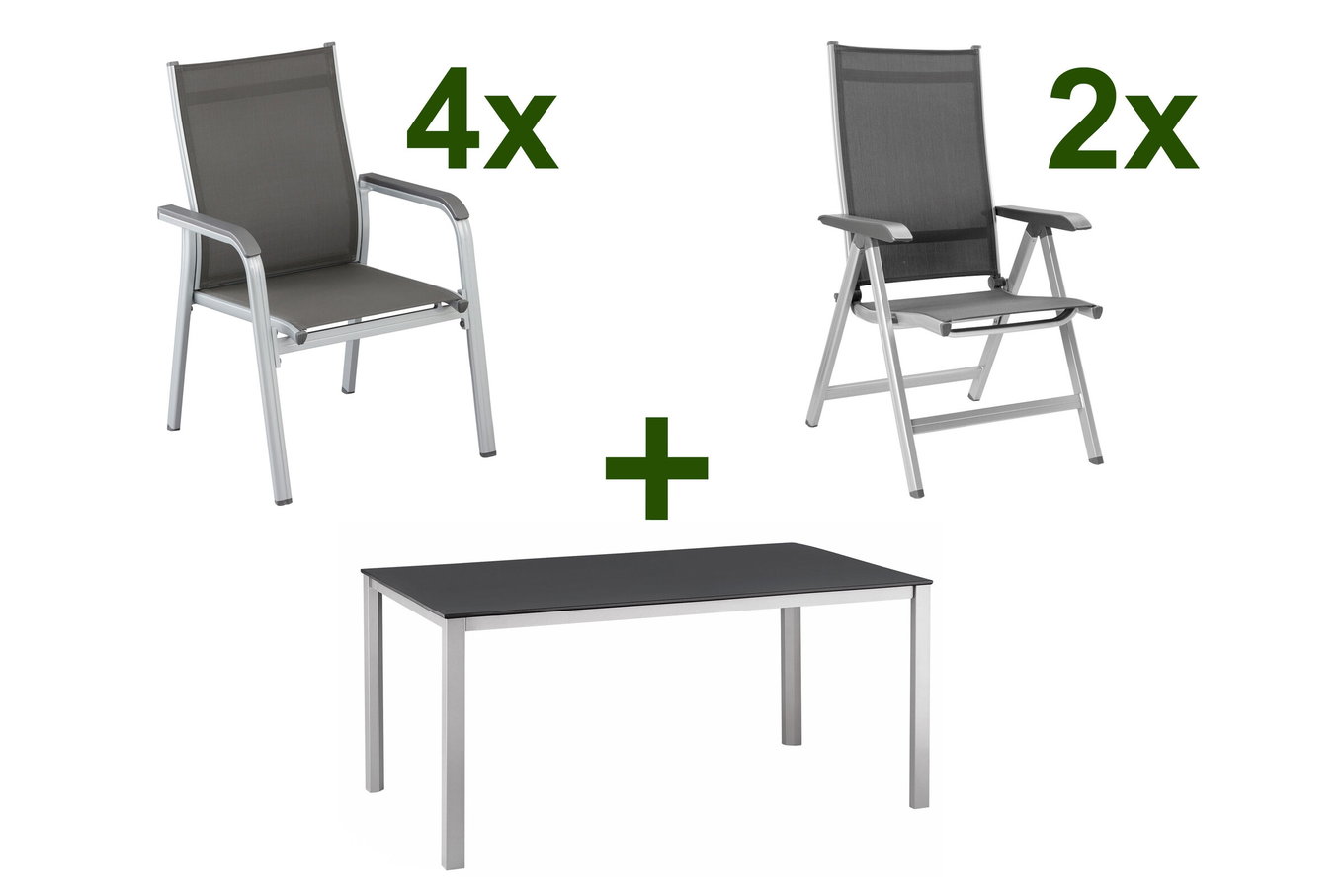Kettler Ensemble repas de jardin, argent/anthracite, table Kettalux-Plus 160x95cm, 4 empilables, 2 chaises pliantes BasicPlus 13696__1
