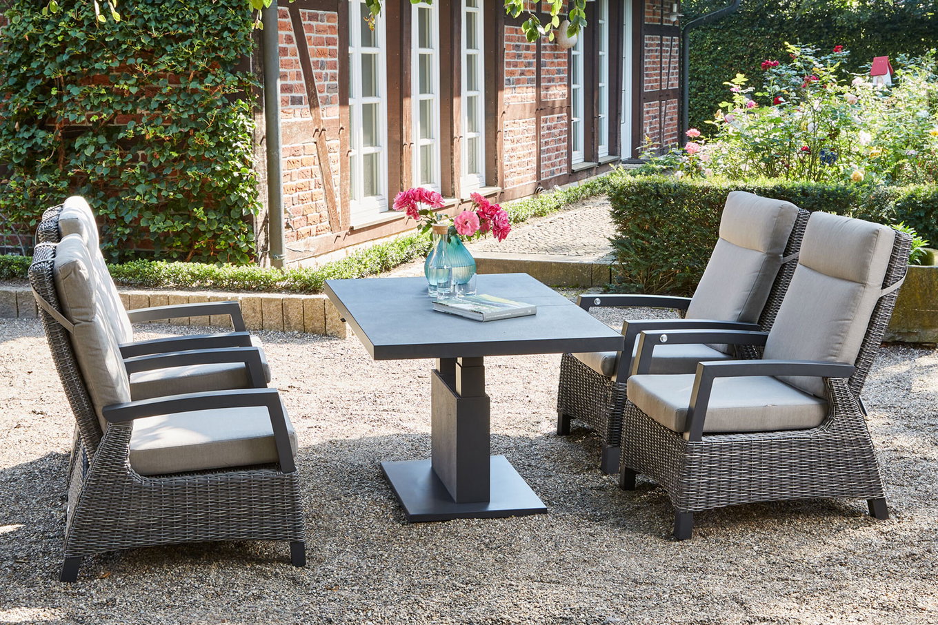 SIENA GARDEN Corido/Bellani Grau salon de jardin, charcoal/anthracite/gris, Alu/Tressage Gardino®, Table relevable 140x85 cm, 4 fauteuils lounge 22111__1
