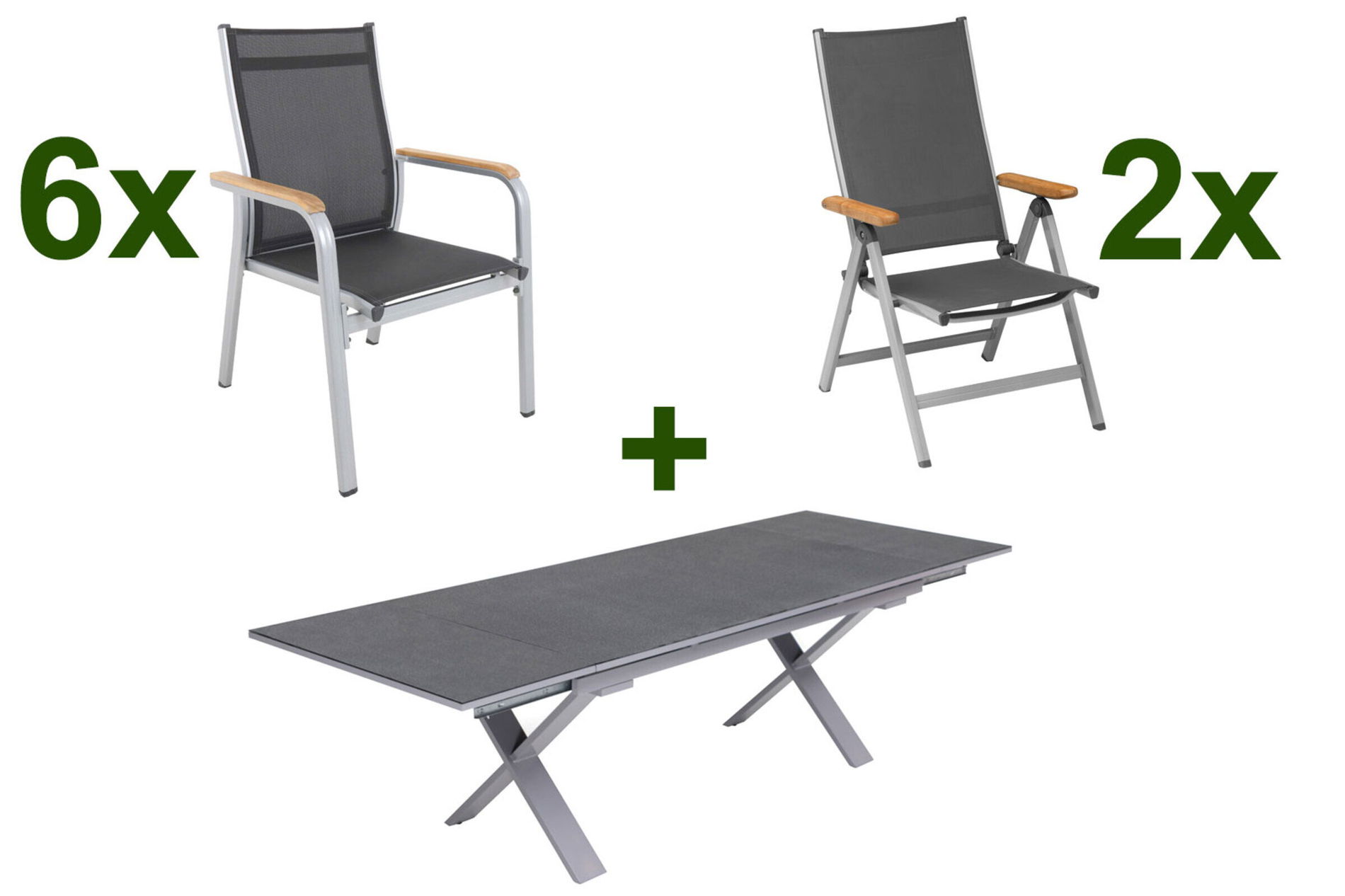 KETTLER Granada Ensemble repas de jardin, argent / anthracite, Alu / Spraystone / Teck, Table 180/280 x 100 cm, 6 fauteuils empilables, 2 chaises pliantes 23023__1