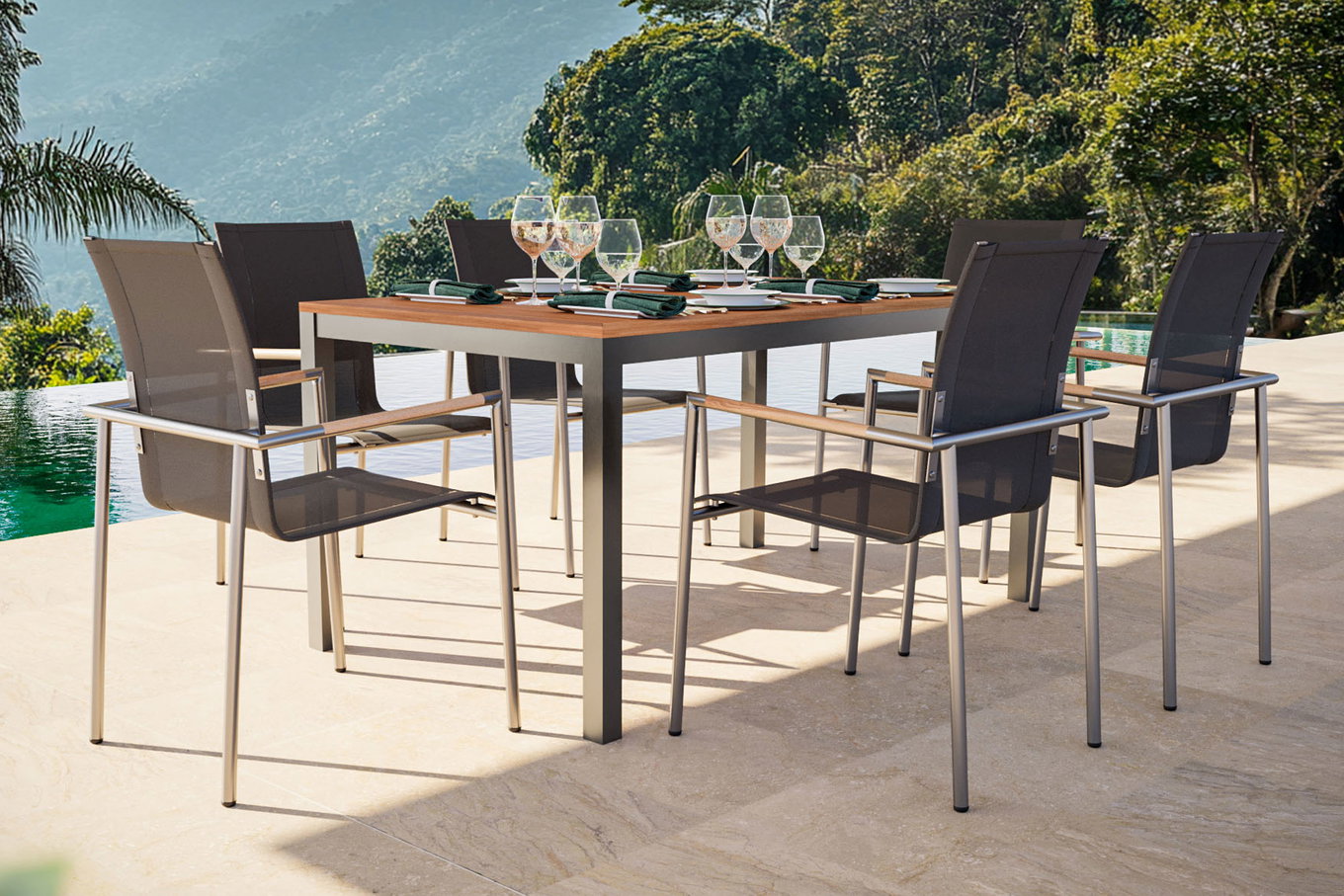 OUTFLEXX Groupe repas de jardin, naturel/anthracite, acier inoxydable/textilène/teck, table extensible 150/200x90cm, 6 fauteuils de salle à manger 24083__1