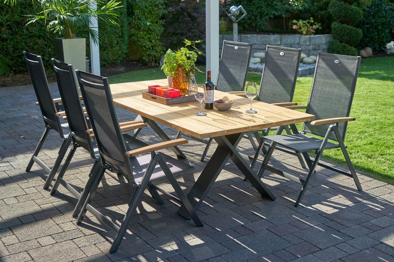 HARTMAN Xanadu / Aruba Ensemble repas de jardin, xerix/anthracite, Alu/Teck, 6 chaises pliantes, accoudoirs en teck, 220x100cm 21169__1