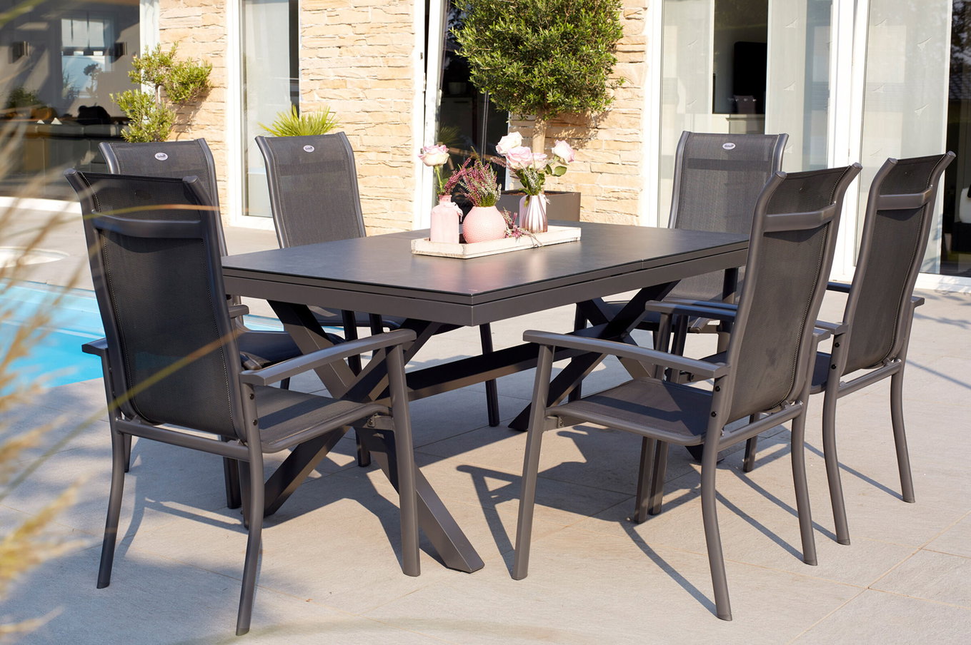 HARTMAN Xanadu / Alice Salon de jardin, xerix, Alu/Textilène/Vitrocéramique, 6 fauteuils empilables, 160/220x100cm 23258__1