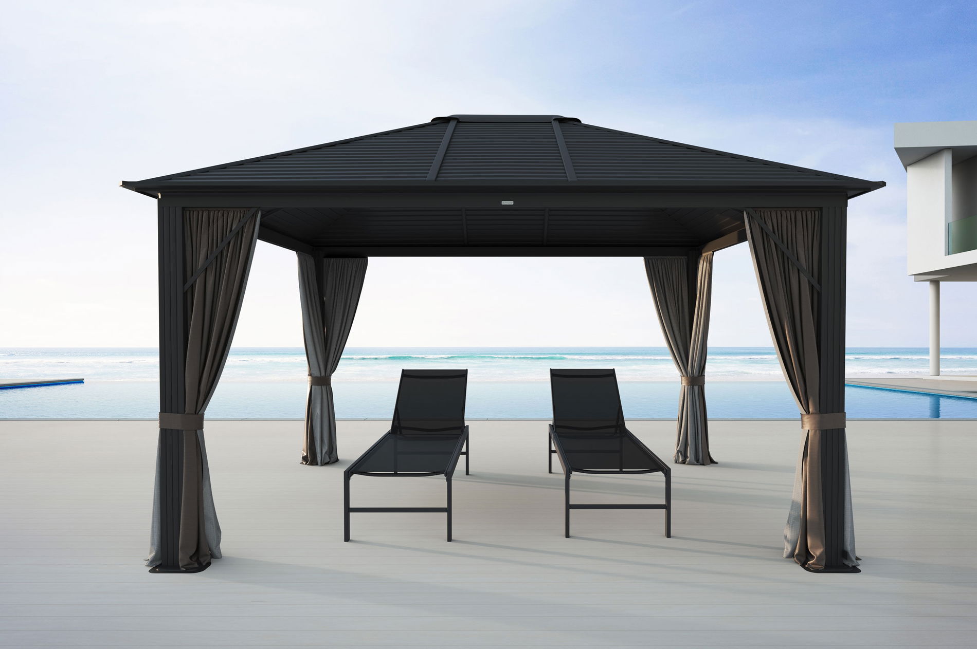 Pavillon Hardtop OUTFLEXX, anthracite, aluminium, 300x365cm, parois latérales et moustiquaire incluses