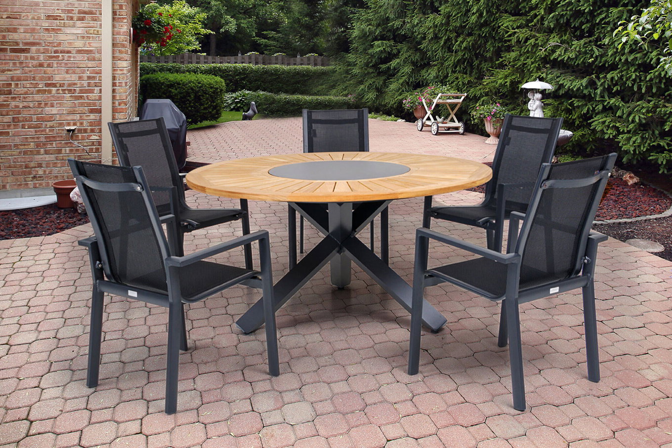 OUTFLEXX Salon de jardin repas, OUTFLEXX® anthracite mat, Alu / Teck / Textilène, Table à manger Ø 150 cm, 5 fauteuils empilables 22203__1