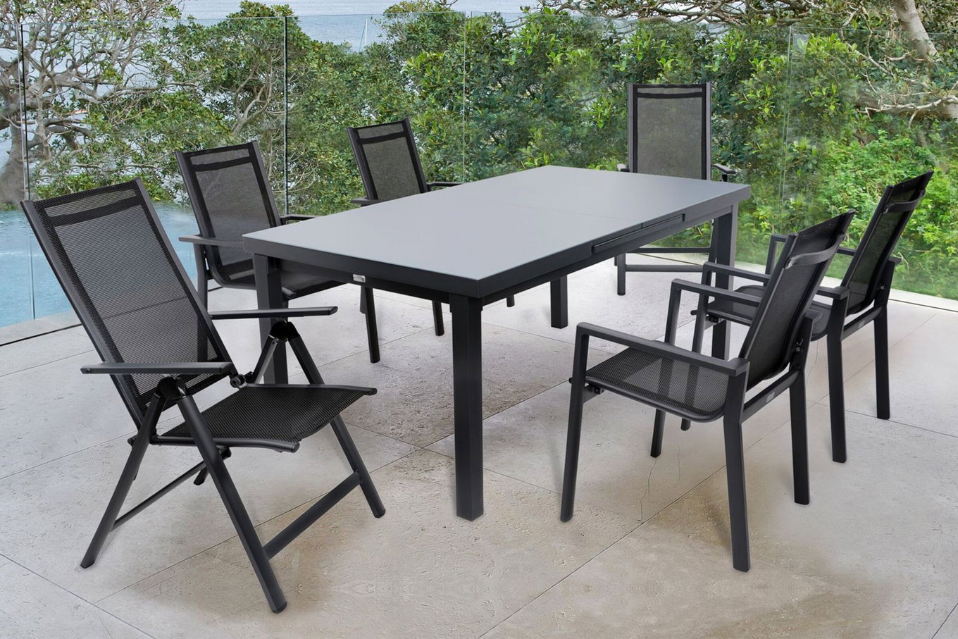 OUTFLEXX Ensemble repas de jardin Premium, OUTFLEXX® anthracite mat, Alu/Textilène, Table 180/240x100cm, 4 fauteuils empilables, 2 chaises pliantes 19299__1