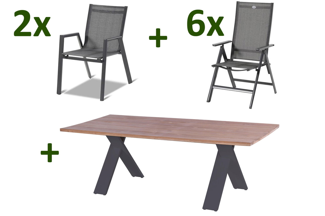 HARTMAN Xanadu / Aruba Ensemble repas de jardin, xerix/anthracite, Alu/Bois de teck, 2 fauteuils empilables, 6 chaises pliantes, 220x100cm 21179__1