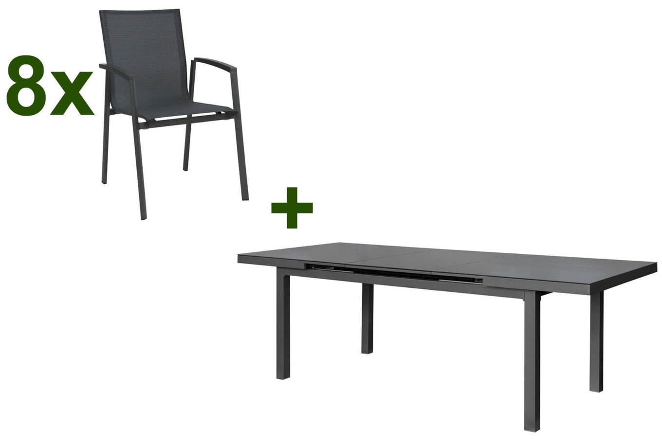 STERN New Top Ensemble repas de jardin, anthracite, Alu / Verre / Textile, Table 180/240x100cm, 8 Fauteuils empilables 22990__1