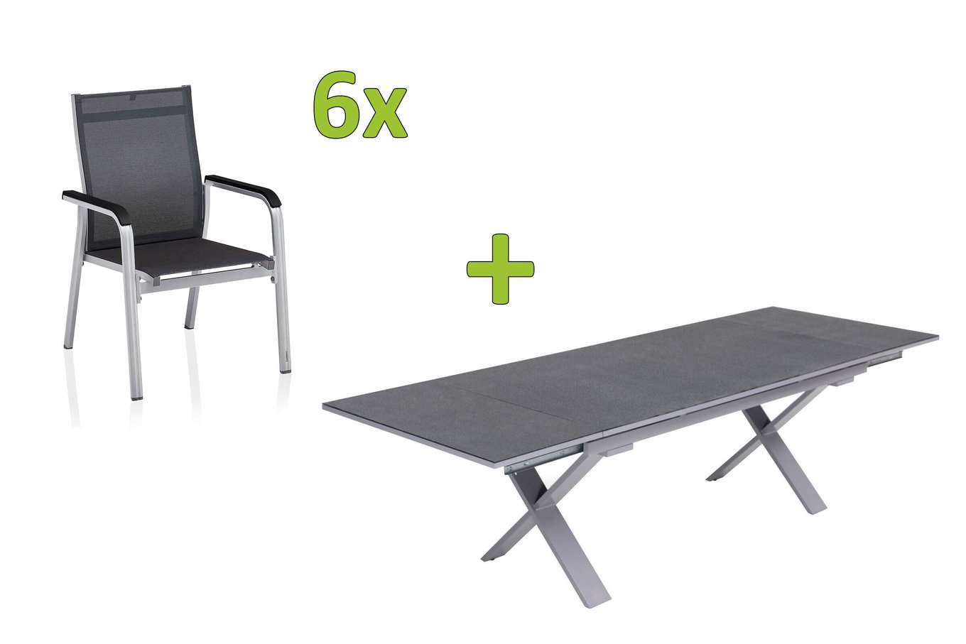 KETTLER BasicPlus Premium Groupe repas de jardin, argent, Alu/Textilène, Table 180/280 cm, 6 Fauteuils empilables 31527__1