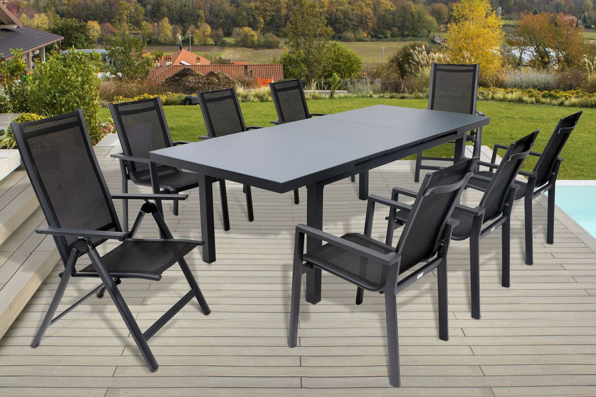 OUTFLEXX Ensemble de table à manger de jardin Premium, OUTFLEXX® anthracite mat, Alu/Textilène, Table 180/240x100cm, 6 fauteuils empilables, 2 chaises pliantes