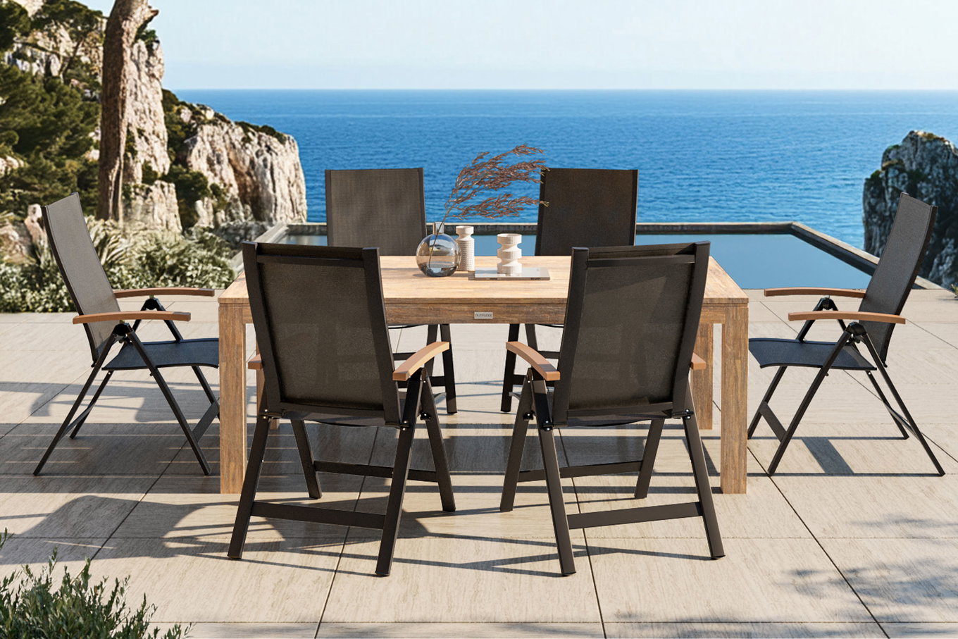 OUTFLEXX Salon de jardin repas avec 6 fauteuils, anthracite/naturel, alu/acacia, pliable, résistant aux intempéries, produit certifié FSC® 34654__1