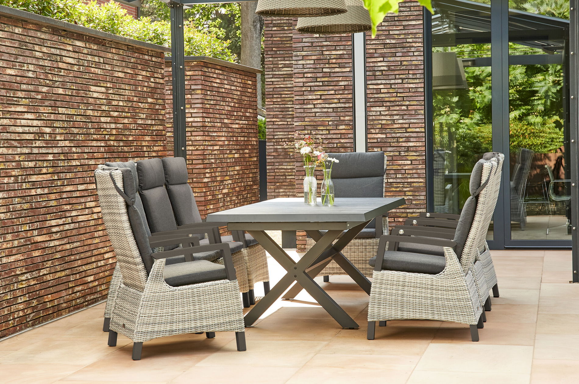 SIENA GARDEN Ensemble repas jardin Messina/Corido, anthracite, Alu/Tressé/Céramique, 200-260 x 100 cm, avec 8 fauteuils de salle à manger 23808__1