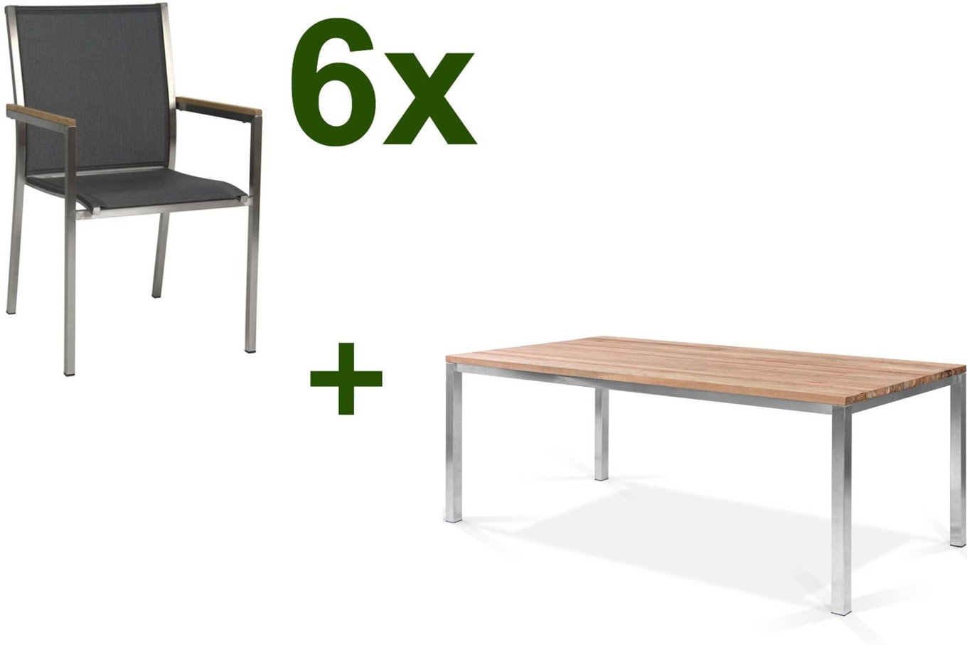 STERN Polaris Ensemble table à manger de jardin, gris argenté, Acier inoxydable/teck recyclé, Table 200 x 100 cm, 6 fauteuils empilables 18095__1