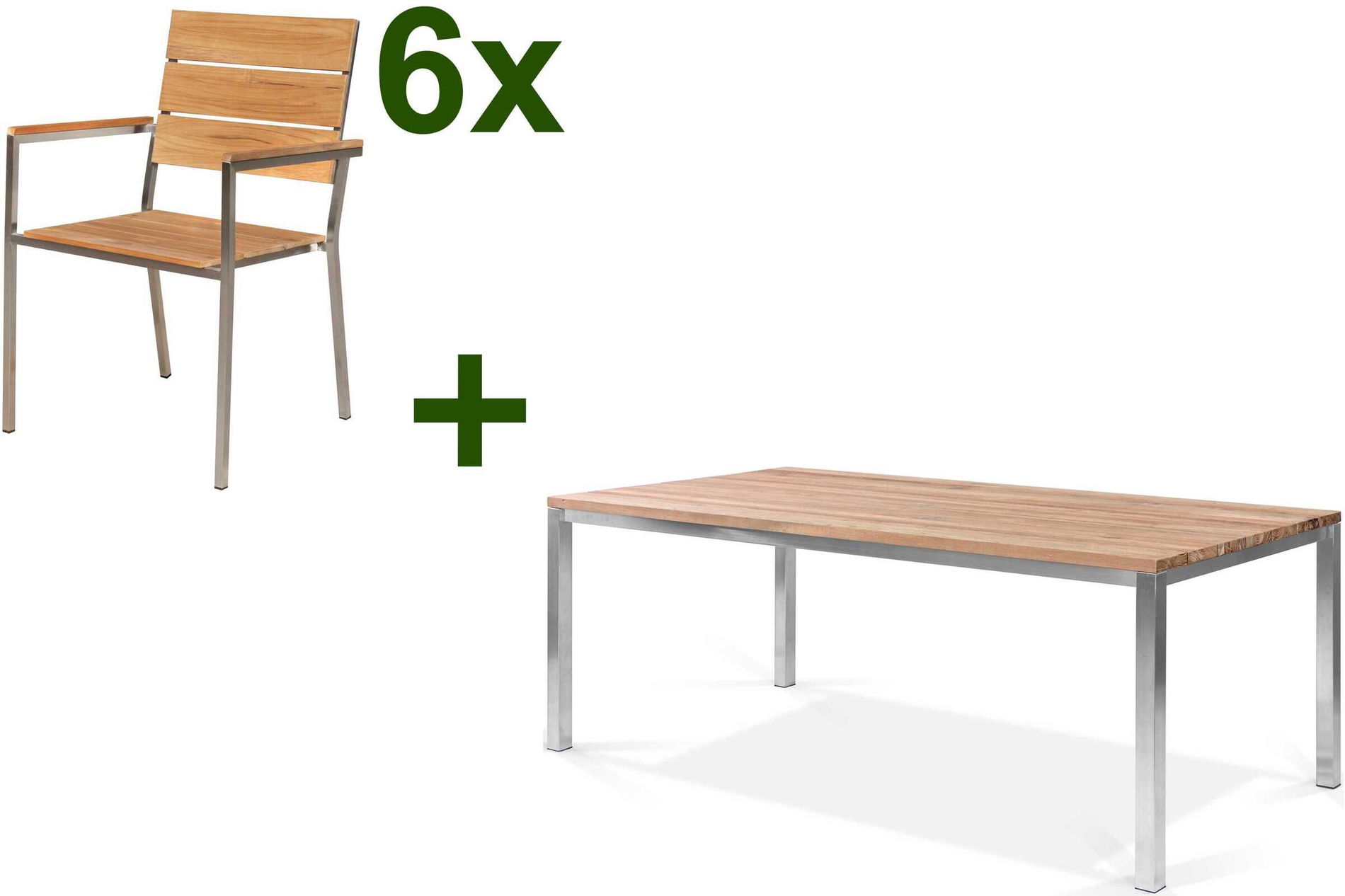 OUTFLEXX Salon de jardin, acier inoxydable/teck, table 200 x 100 cm, 6 fauteuils empilables, produit certifié FSC® 17296__1