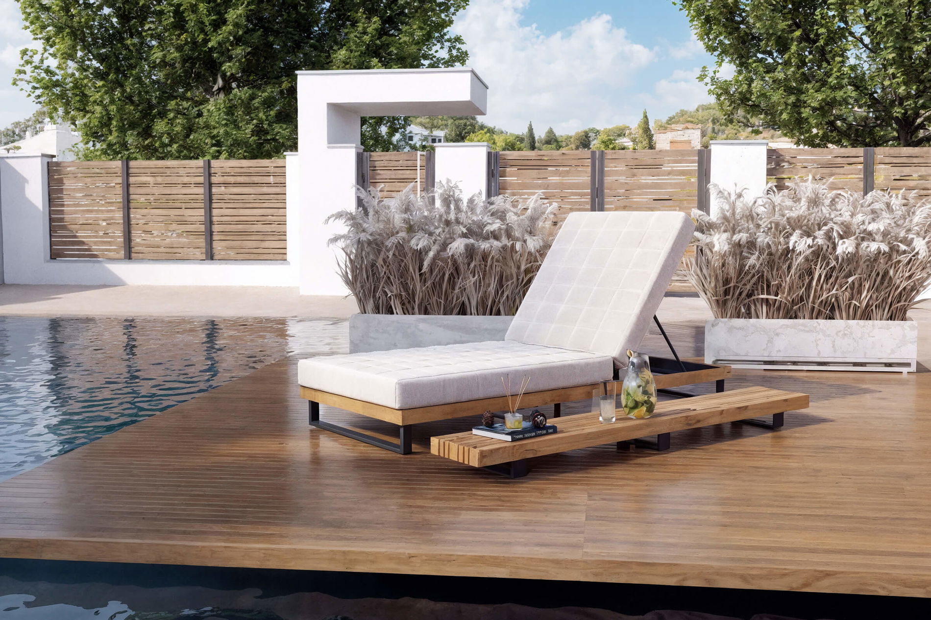 OUTFLEXX Icon Set Bain de soleil, Blanc grisâtre, Alu/Bois de teck/Oléfine, 213 x 59 x 34 cm, Haute capacité de charge, Table d'appoint incluse, Produit certifié FSC® 80534__1