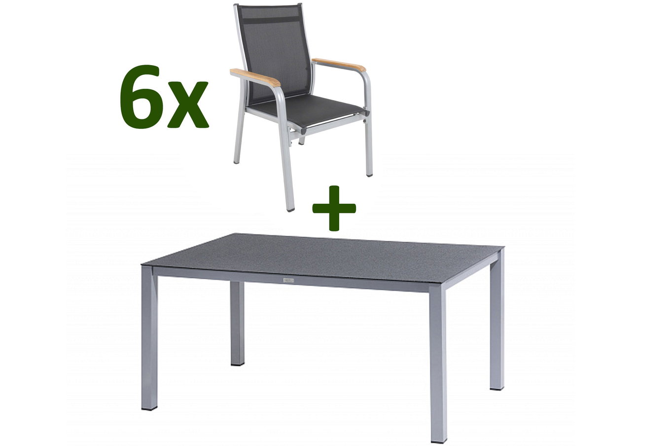 KETTLER Granada Groupe repas de jardin, argent/anthracite, Alu/Spraystone/Textile, 160x95 cm, 6 fauteuils empilables 28329__1