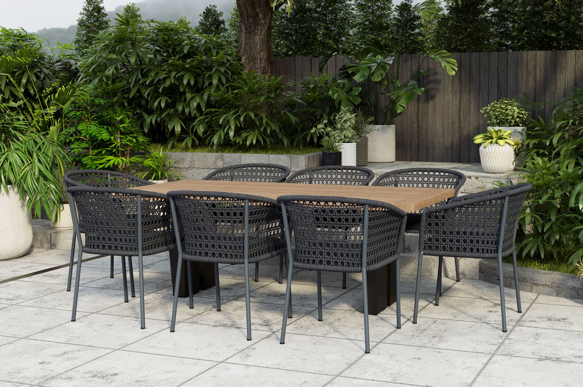 OUTFLEXX Salon de jardin Bob/Zui, anthracite/gris foncé, Alu/teck recyclé/Corde, 220 x 100 cm, 8 x fauteuils, coussins inclus