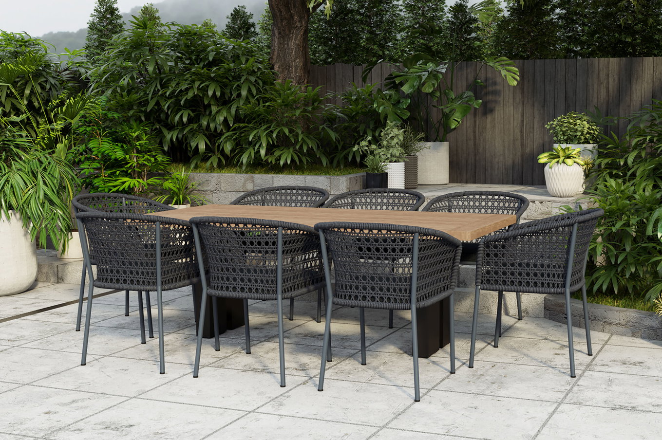 OUTFLEXX Salon de jardin Bob/Zui, anthracite/gris foncé, Alu/teck recyclé/Corde, 220 x 100 cm, 8 x fauteuils, coussins inclus 24339__1