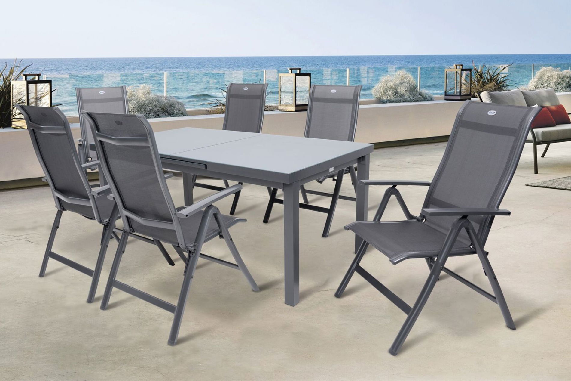 HARTMAN Alice Comfort Ensemble repas de jardin, xerix, Alu/Textilène, Table 180/240x100cm, 6 chaises pliantes