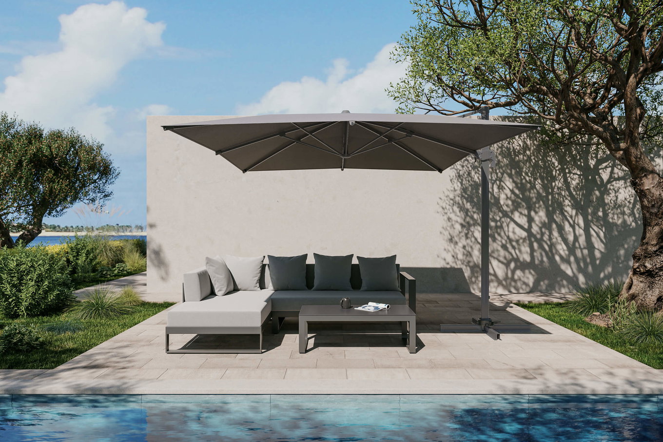 OUTFLEXX Almeria Ensemble de mobilier de jardin salon incl. parasol déporté, anthracite/gris, Alu/Verre, 400 x 300 cm, thermolaqué, protection UV, résistant aux intempéries 80571__1