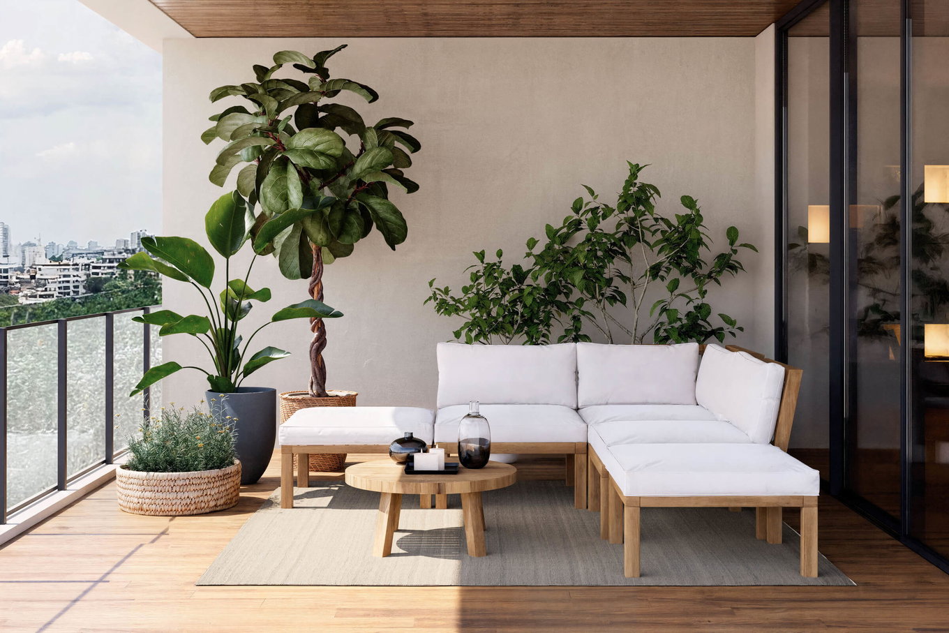 OUTFLEXX Salon d'angle, Acacia, 5 personnes, avec table ø 80 cm et coussins en oléfine marron clair, produit certifié FSC® 21036__1