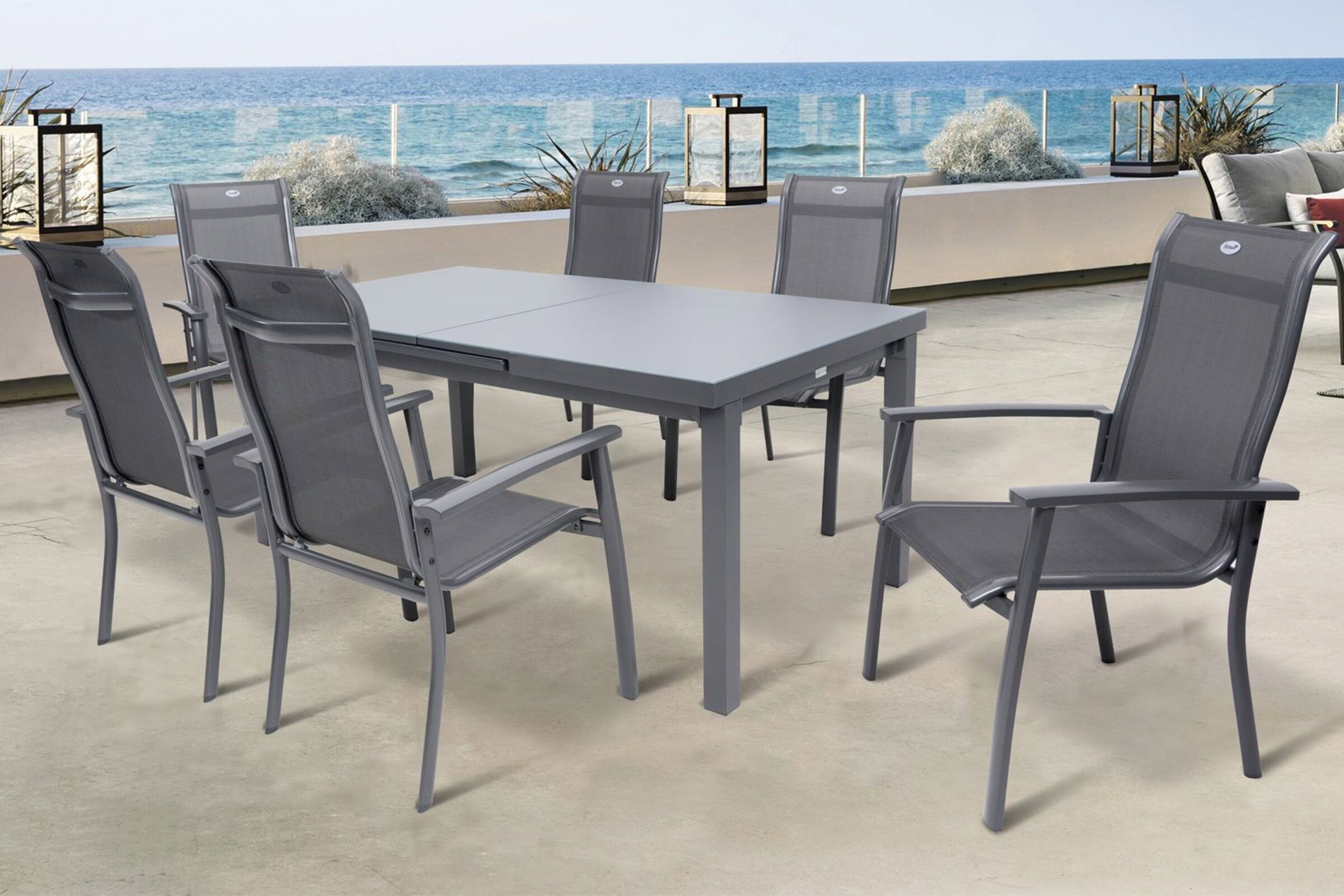 HARTMAN Alice Comfort Ensemble repas de jardin, xerix, Alu/Textilène, Table 180/240x100cm, 6 Fauteuils empilables