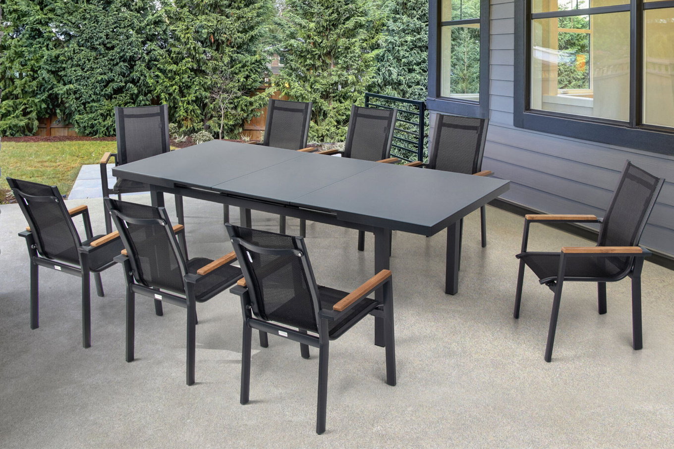 Ensemble de repas de jardin OUTFLEXX Premium, OUTFLEXX® anthracite mat, Alu / Verre / Teck, Table 180/240x100cm, 8 fauteuils empilables 22208__1