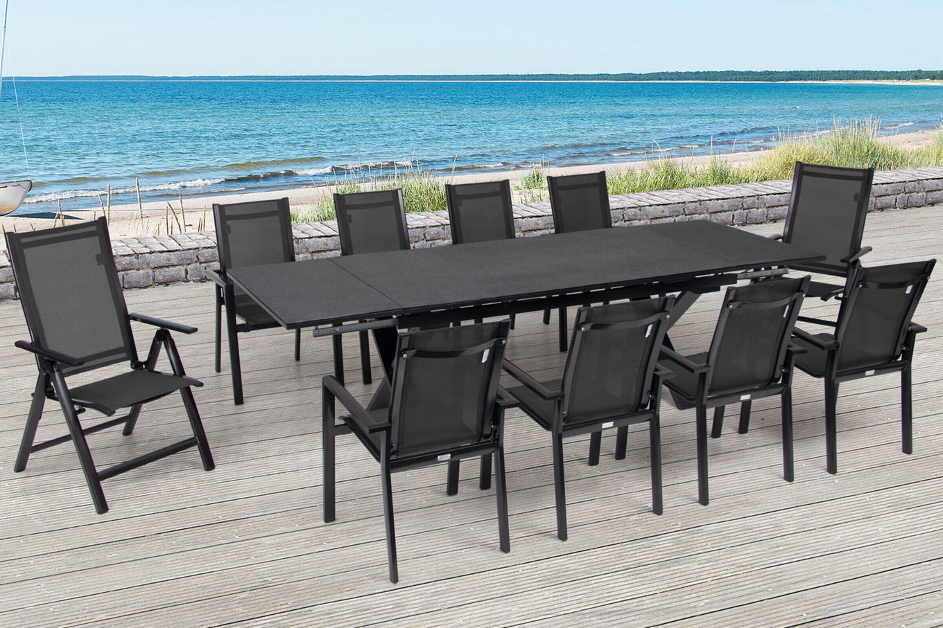 OUTFLEXX Groupe repas de jardin, anthracite, Alu / Céramique / Textile, 180/280x100cm, 2 chaises pliantes, 8 fauteuils empilables 22237__1