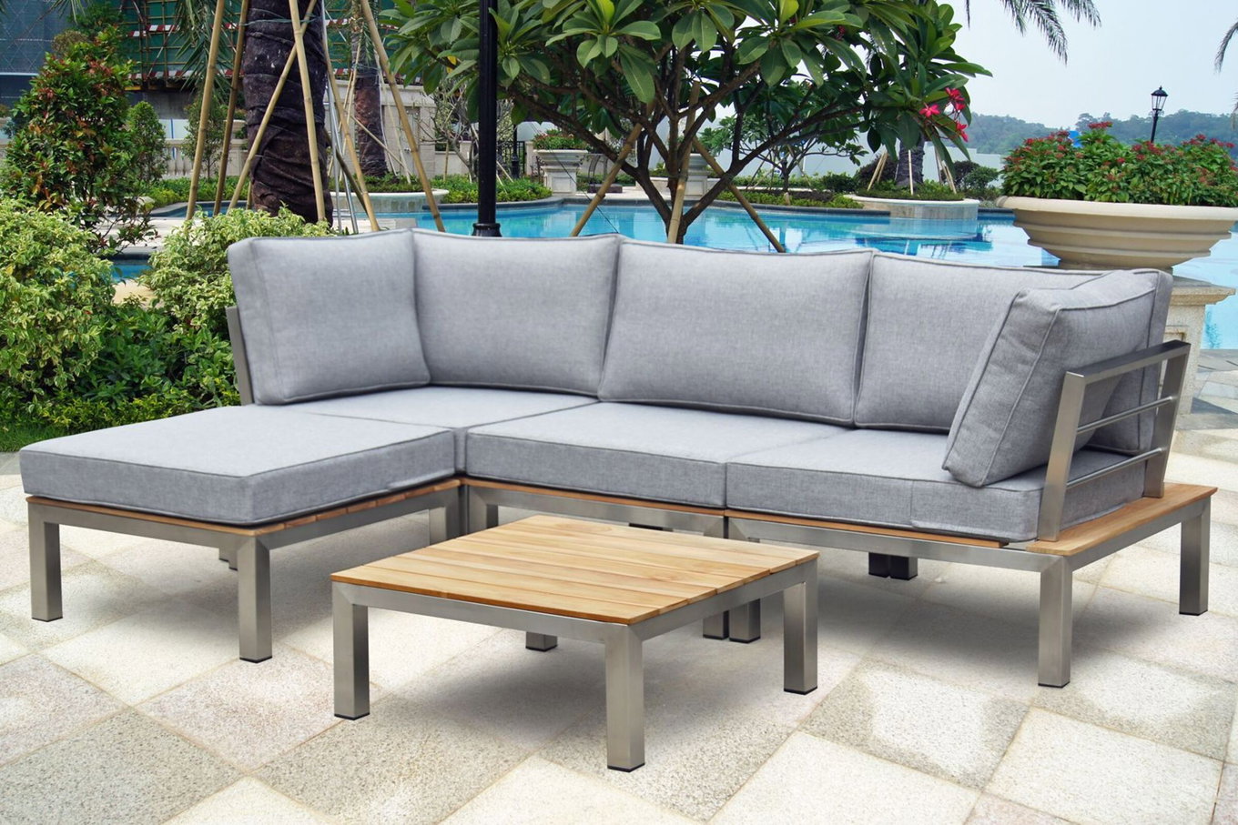 OUTFLEXX Salon de jardin, argenté/gris, acier inoxydable/bois de teck/textile, pour 4 personnes, incl. table d'appoint, produit certifié FSC® 18296__1