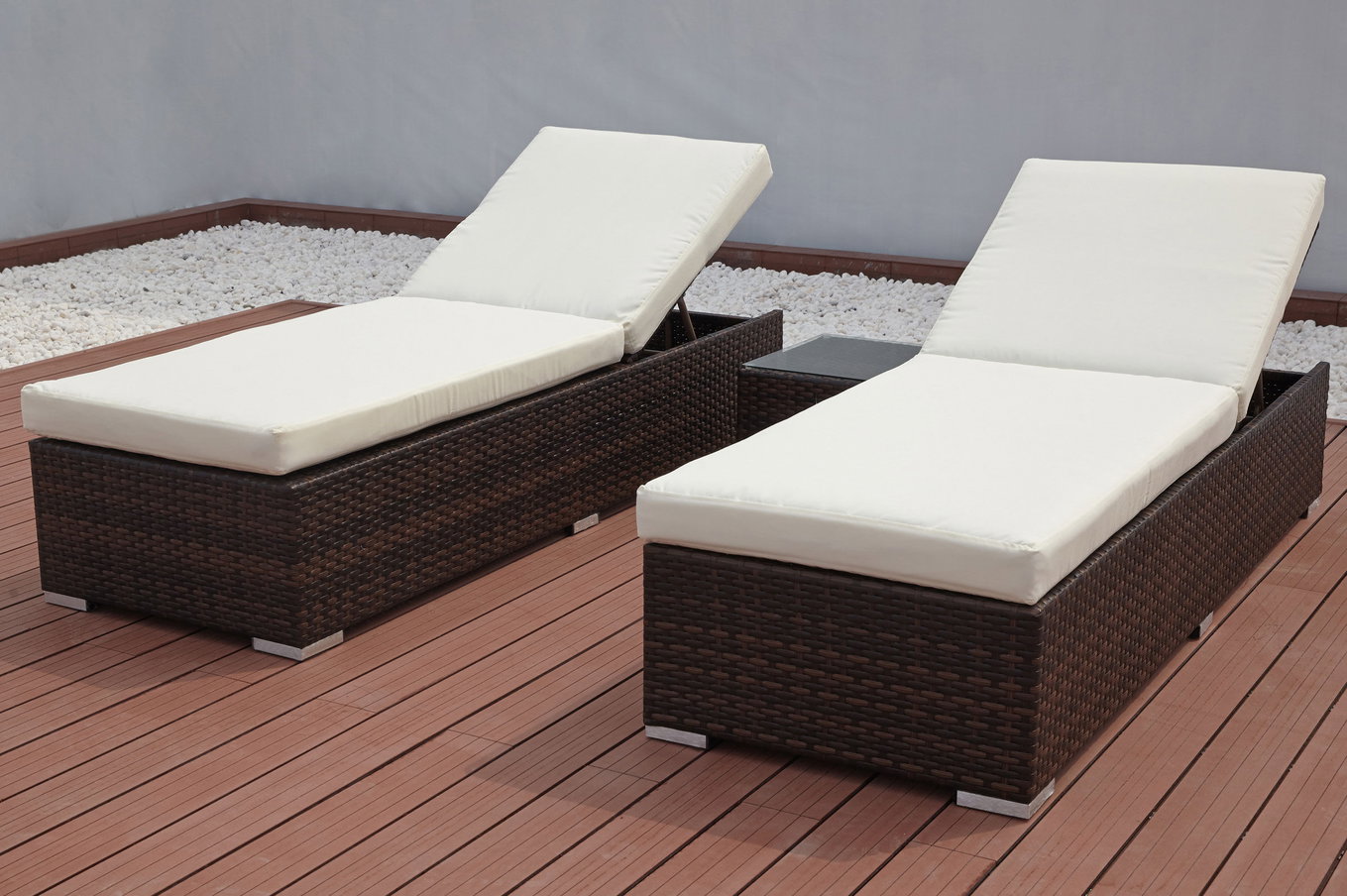 OUTFLEXX Lot de 2 bains de soleil, marron marbré, polyrésine tressée, chacun 200x70x45cm, avec table d'appoint 7761__1