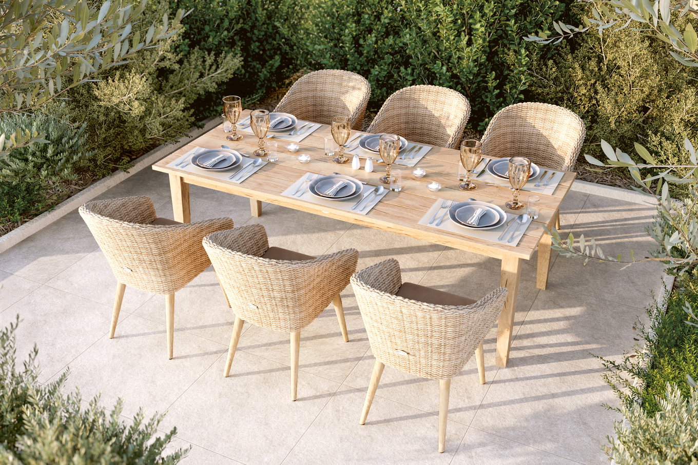 Ploß Borneo Salon de repas de jardin, beige chiné, résine tressée/acacia, table 220 x 100 cm, 6 fauteuils cocktail, produit certifié FSC® 22682__1