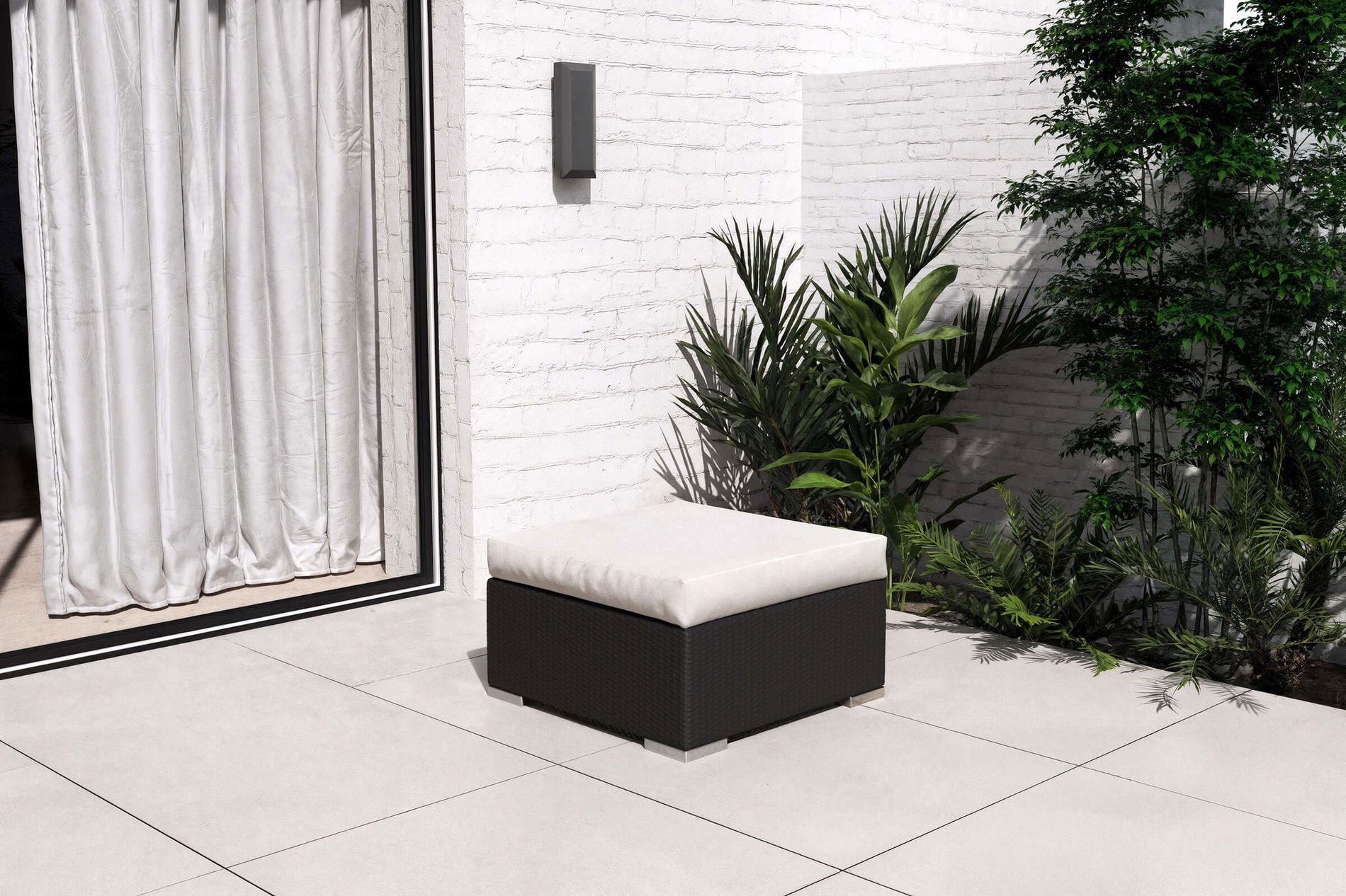 OUTFLEXX Table d'appoint/Pouf, crème/blanc, noir, polyrésine tressée, avec plateau en verre et coussin 2392_8__1