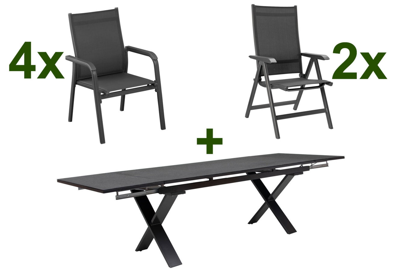 Ensemble repas de jardin KETTLER BasicPlus, anthracite, Alu / Spraystone / Textile, table 180/280 x 100 cm, 4 fauteuils empilables, 2 chaises pliantes 23079__1