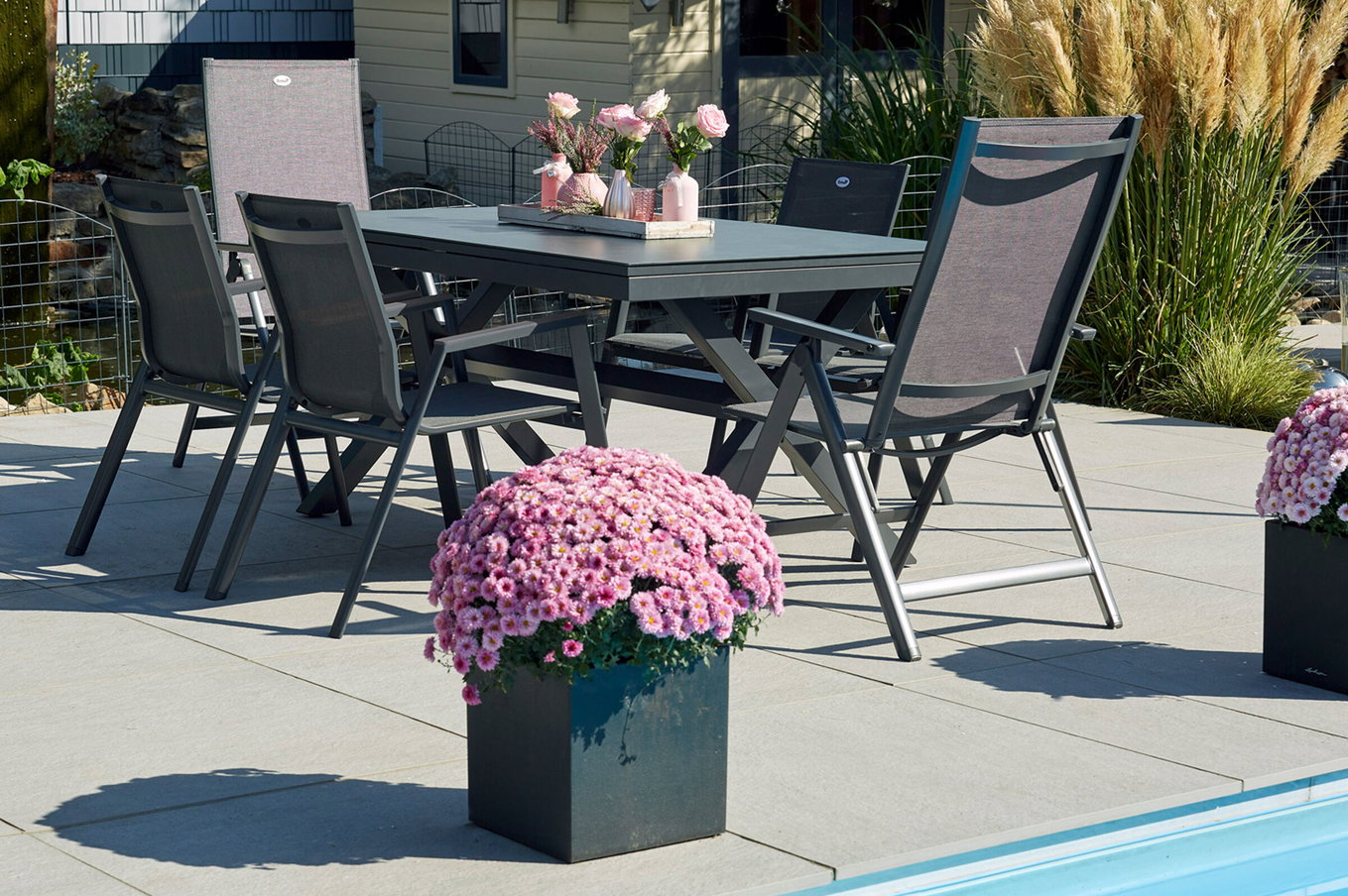 HARTMAN Xanadu / Aruba Ensemble repas de jardin, xerix, Alu/Textilene/Vitrocéramique, 4 fauteuils empilables, 2 chaises pliantes, 160/220x100cm 23280__1