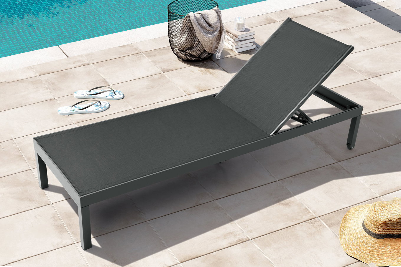 OUTFLEXX Bain de soleil à roulettes, anthracite mat, aluminium, 193x60x32,5cm, dossier réglable 21771__1