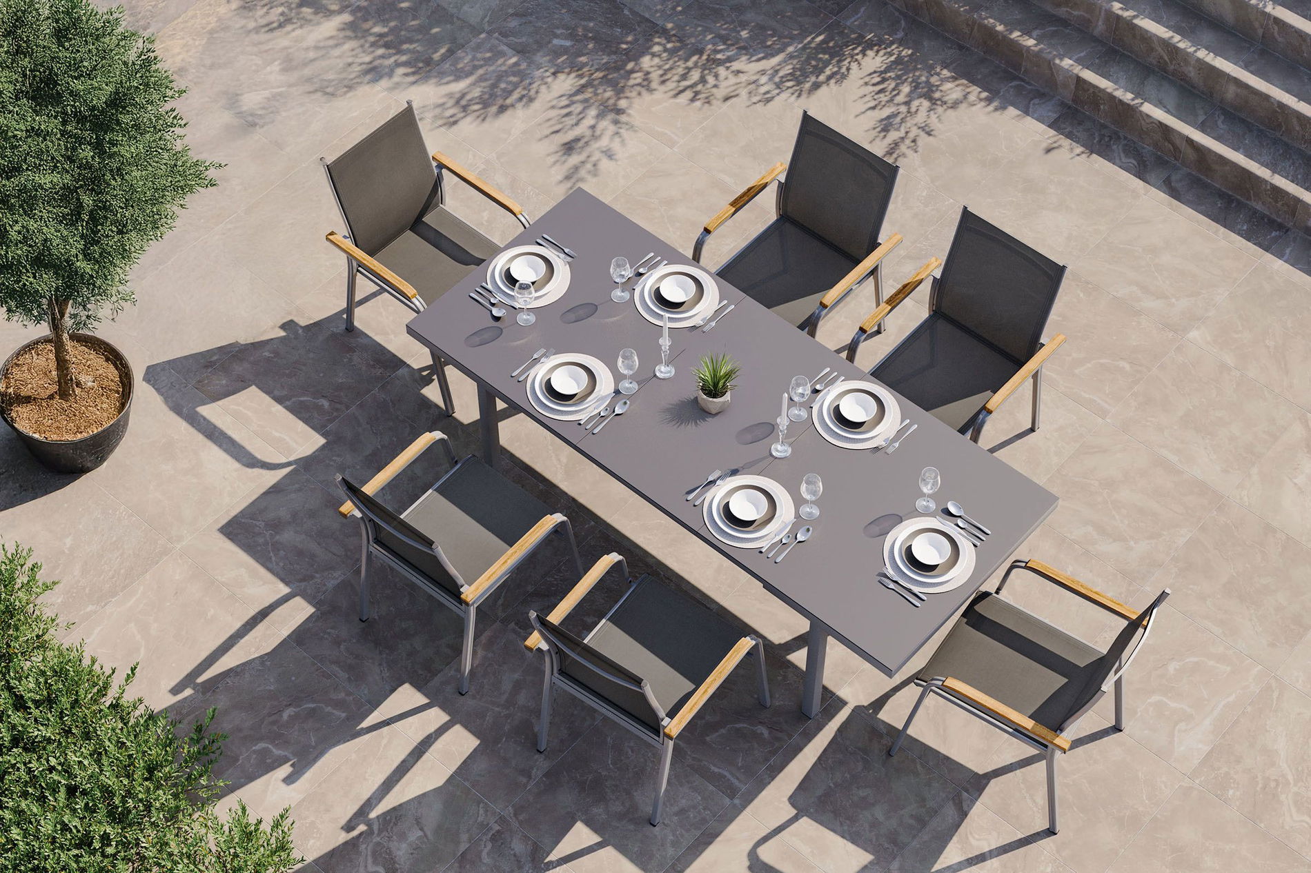 KETTLER Granada Ensemble de jardin, argent, Alu/Textilène, Table 180/240x100cm, 6 fauteuils empilables 19321__1