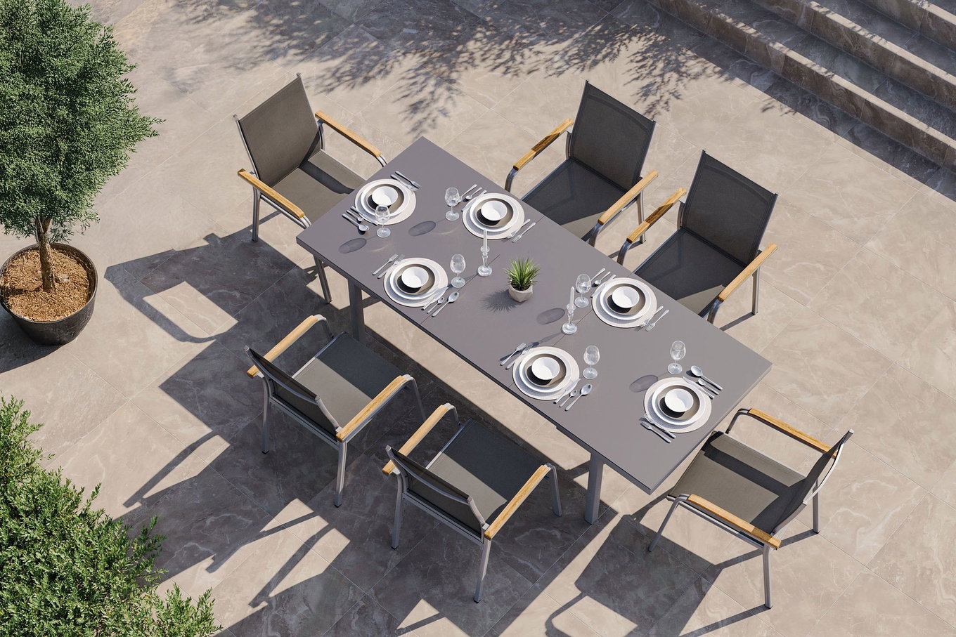 KETTLER Granada Ensemble de jardin, argent, Alu/Textilène, Table 180/240x100cm, 6 fauteuils empilables 19321__1
