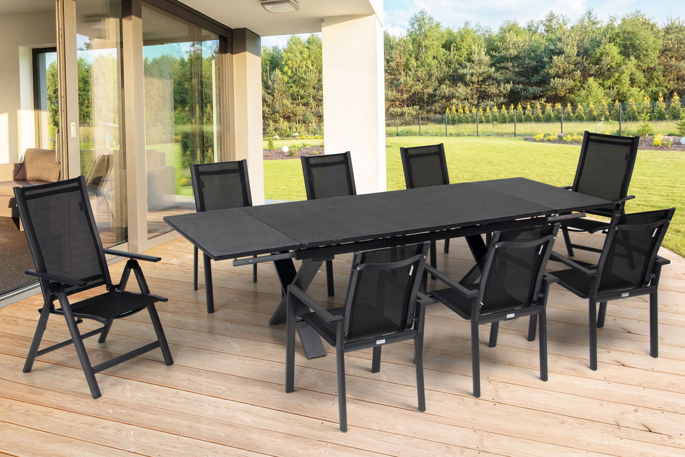 OUTFLEXX Salon de jardin repas, OUTFLEXX® anthracite mat, Alu / Spraystone / Textilène, Table 180/280 x 100 cm, 6 fauteuils empilables, 2 chaises pliantes 22140__1