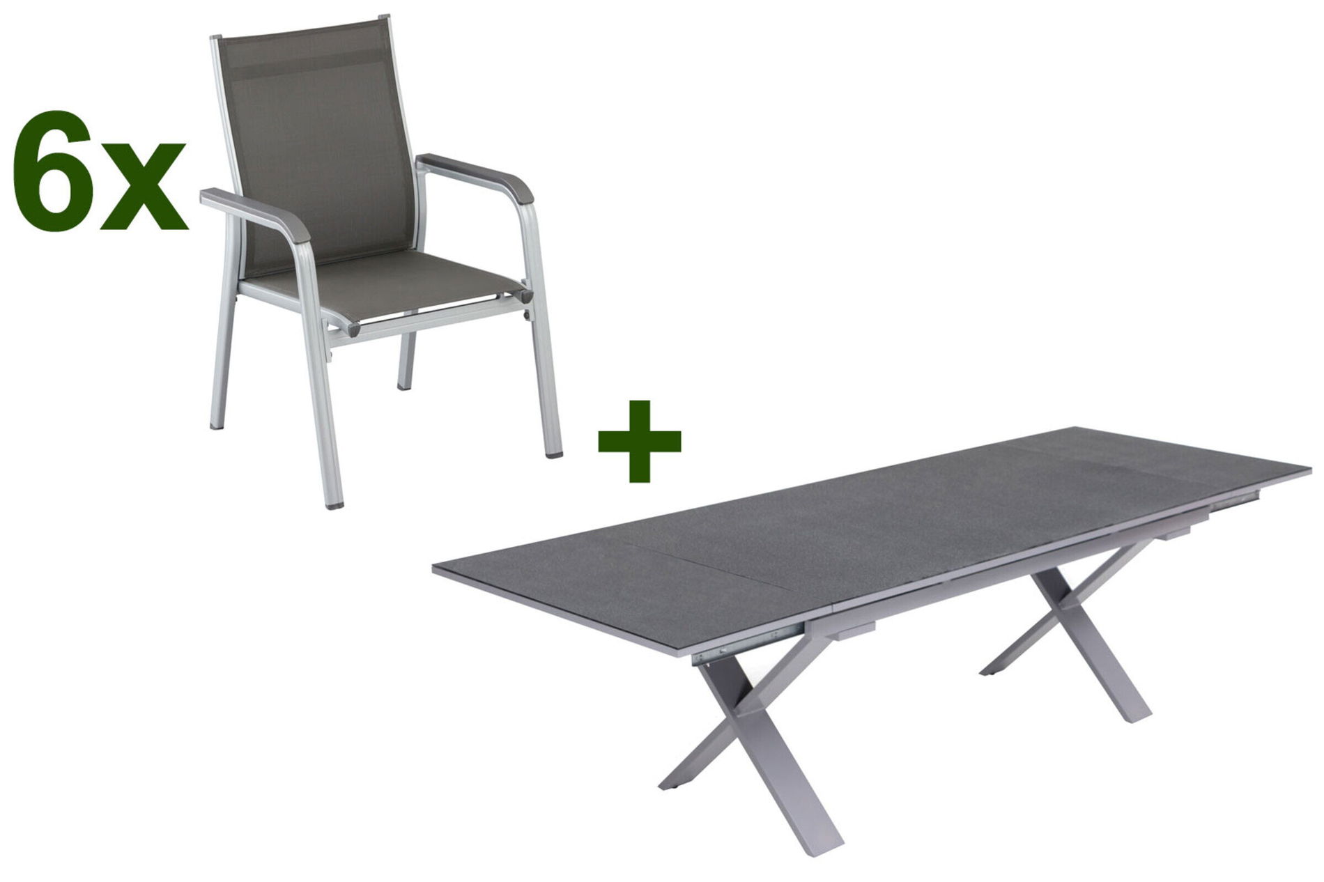 KETTLER BasicPlus Ensemble repas de jardin, argenté / anthracite, Alu / Spraystone / Textilène, Table 180/280x100cm, 6 fauteuils empilables 23010__1