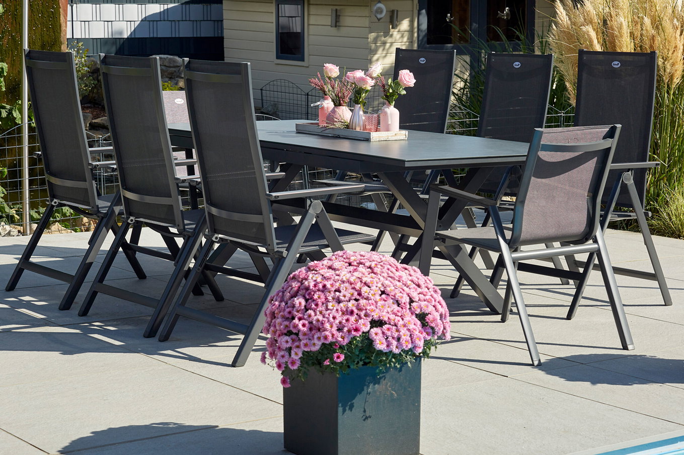 HARTMAN Xanadu / Aruba Groupe repas de jardin, xerix, Alu/Textilene/Vitrocéramique, 2 fauteuils empilables, 6 chaises pliantes, 160/220x100cm 23283__1