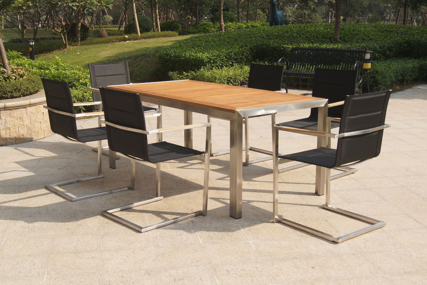 OUTFLEXX Ensemble repas de jardin, noir, acier inoxydable/teck, table à manger 200 x 90 cm, 6 chaises empilables rembourrées 14202__1