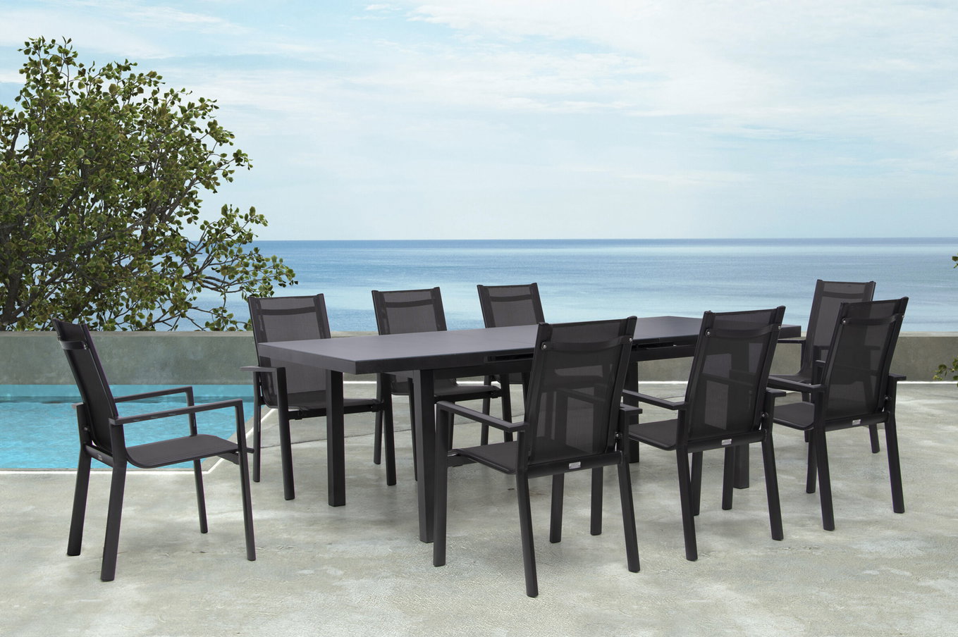 Ensemble repas de jardin Premium OUTFLEXX, anthracite/gris, Alu/Textilène, Table extensible 180/240x100cm, 8 Chaises empilables 21440__1